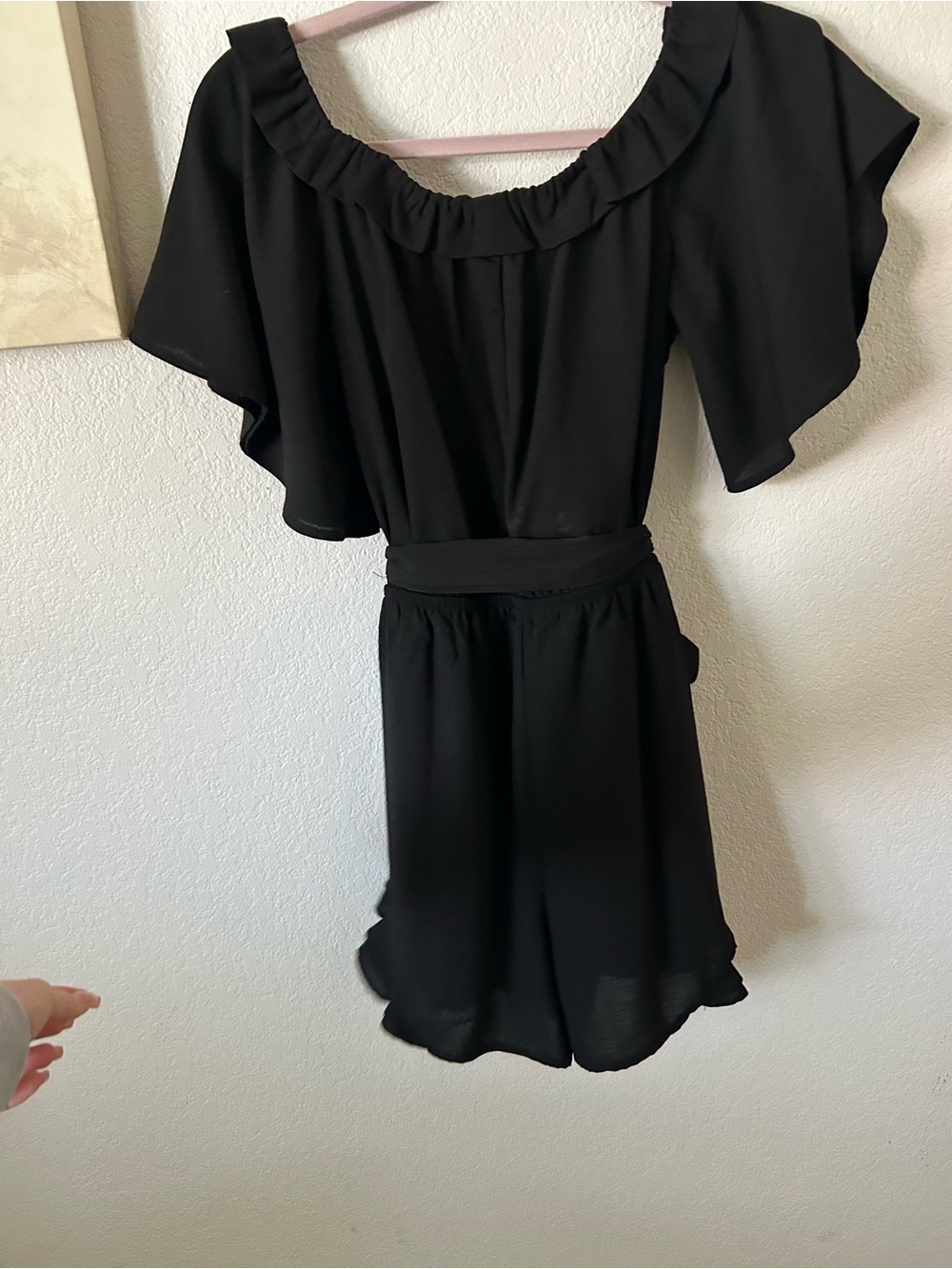 Black Ruffled Romper Dress with Self-Tie Belt - Picture 2 of 6